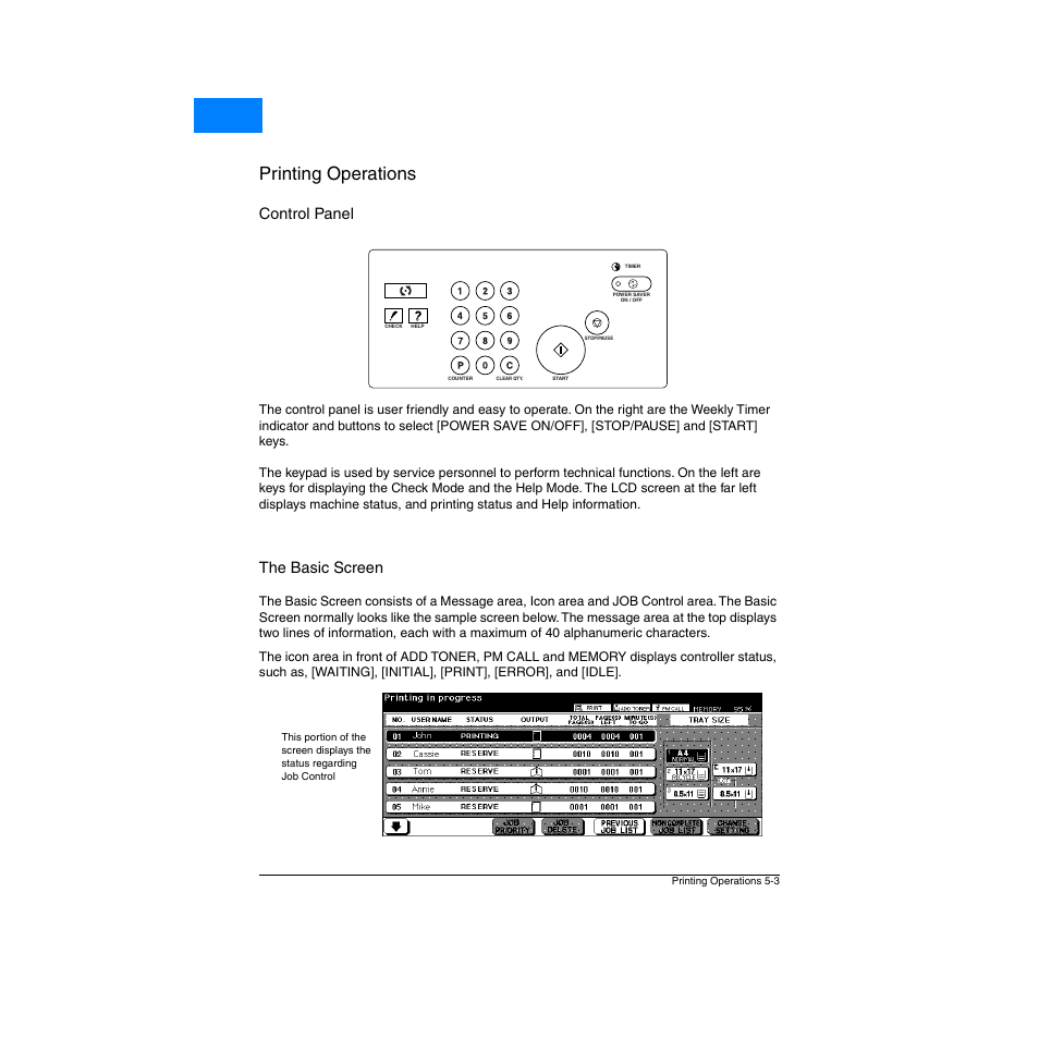 Control panel, The basic screen, Control panel -3 the basic screen -3 | Control panel -3, The basic screen -3, Printing operations, Home | Konica Minolta Network Printer User Manual | Page 61 / 164