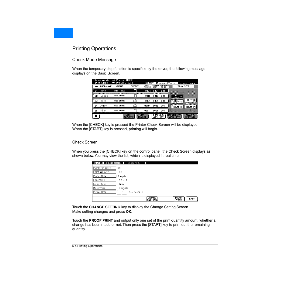 Check mode message, Check screen, Check mode message -4 | Check screen -4, Printing operations, Home | Konica Minolta Network Printer User Manual | Page 62 / 164