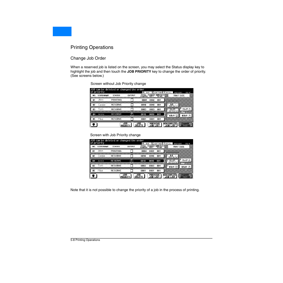 Change job order, Change job order -8, Printing operations | Home | Konica Minolta Network Printer User Manual | Page 66 / 164