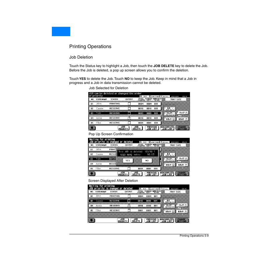 Job deletion, Job deletion -9, Printing operations | Home | Konica Minolta Network Printer User Manual | Page 67 / 164