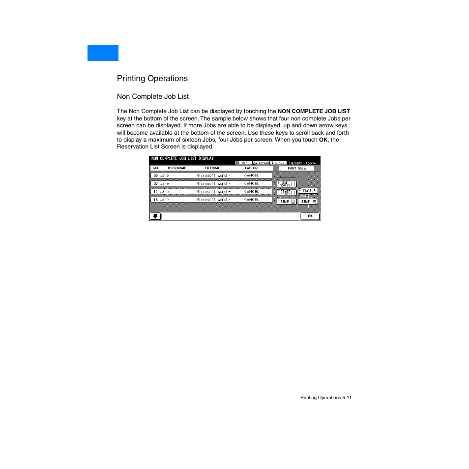 Non complete job list, Non complete job list -11, Printing operations | Home | Konica Minolta Network Printer User Manual | Page 69 / 164