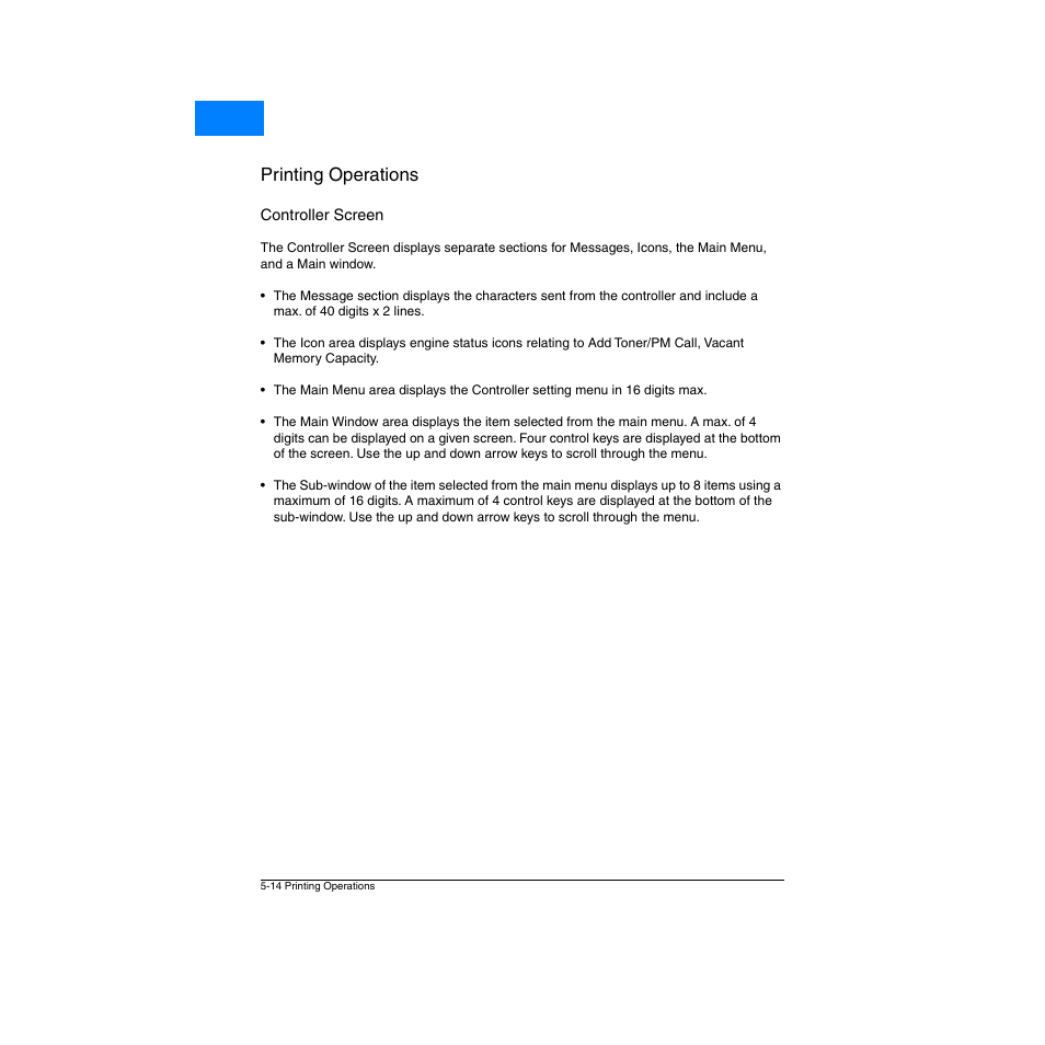 Controller screen, Controller screen -14, Printing operations | Home | Konica Minolta Network Printer User Manual | Page 72 / 164
