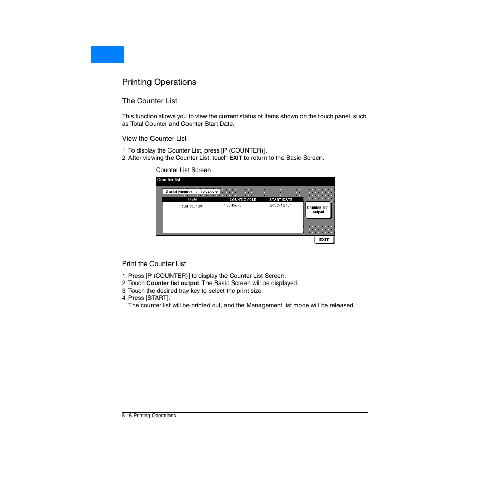 The counter list, View the counter list, Print the counter list | The counter list -16, View the counter list -16, Print the counter list -16, Printing operations, Home | Konica Minolta Network Printer User Manual | Page 74 / 164