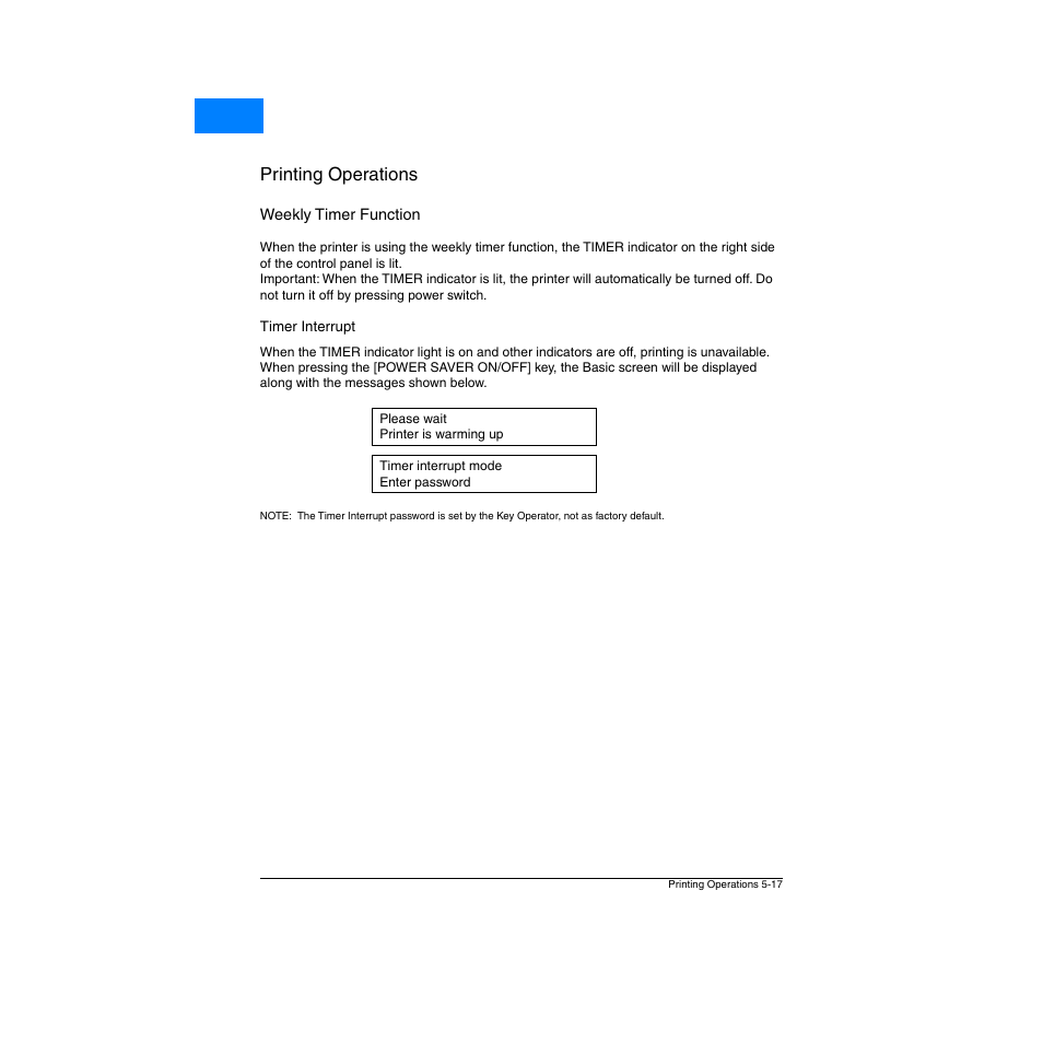 Weekly timer function, Timer interrupt, Weekly timer function -17 | Timer interrupt -17, Printing operations, Home | Konica Minolta Network Printer User Manual | Page 75 / 164