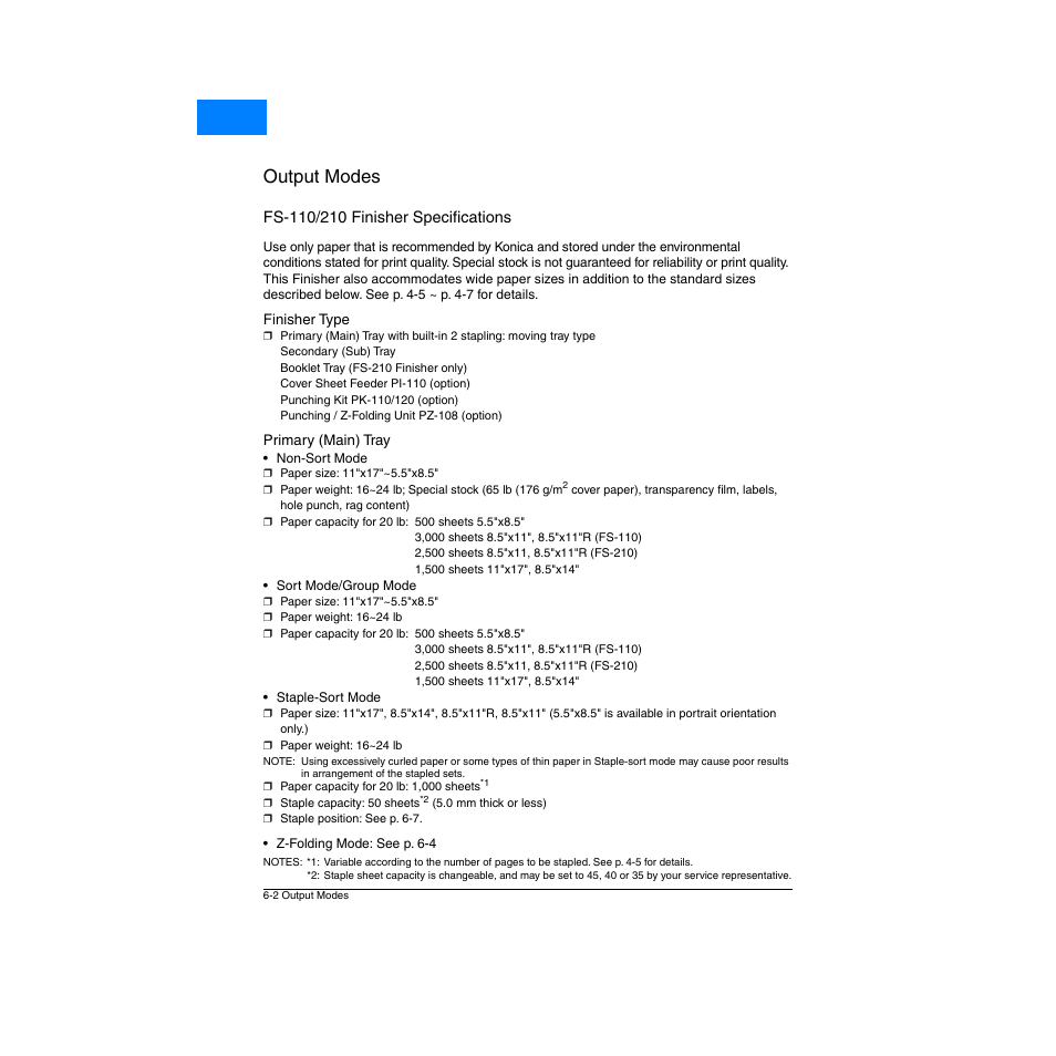 Fs-110/210 finisher specifications, Finisher type, Primary (main) tray | Fs-110/210 finisher specifications -2, Finisher type -2 primary (main) tray -2, Finisher type -2, Primary (main) tray -2, Output modes, Home | Konica Minolta Network Printer User Manual | Page 78 / 164