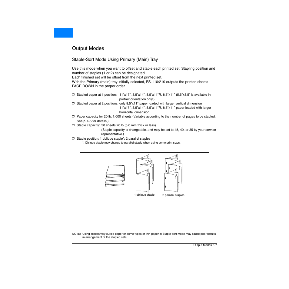 Staple-sort mode using primary (main) tray, Staple-sort mode using primary (main) tray -7, Output modes | Home | Konica Minolta Network Printer User Manual | Page 83 / 164