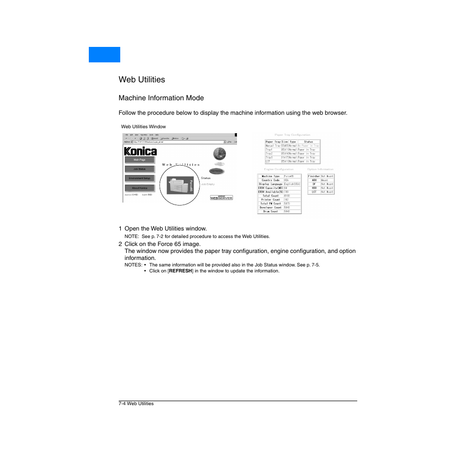 Machine information mode, Machine information mode -4, Web utilities | Home | Konica Minolta Network Printer User Manual | Page 96 / 164