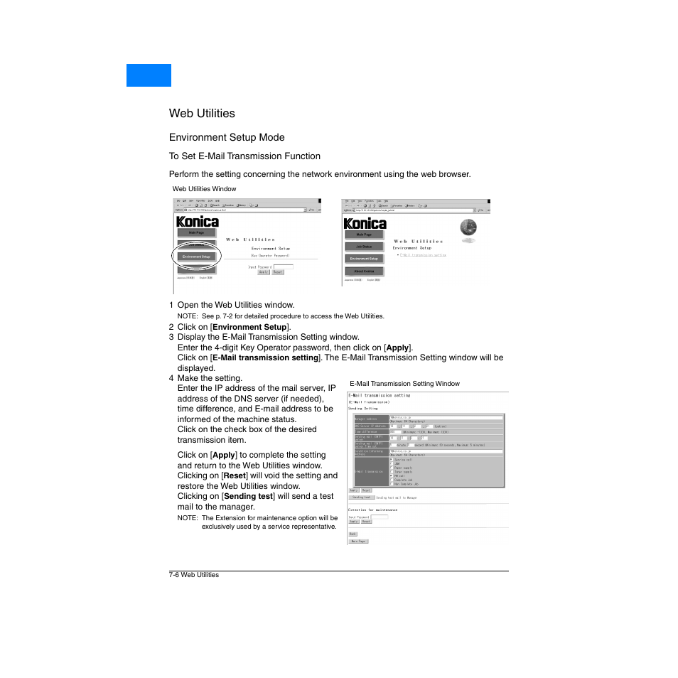 Environment setup mode, To set e-mail transmission function, Environment setup mode -6 | To set e-mail transmission function -6, Web utilities, Home | Konica Minolta Network Printer User Manual | Page 98 / 164