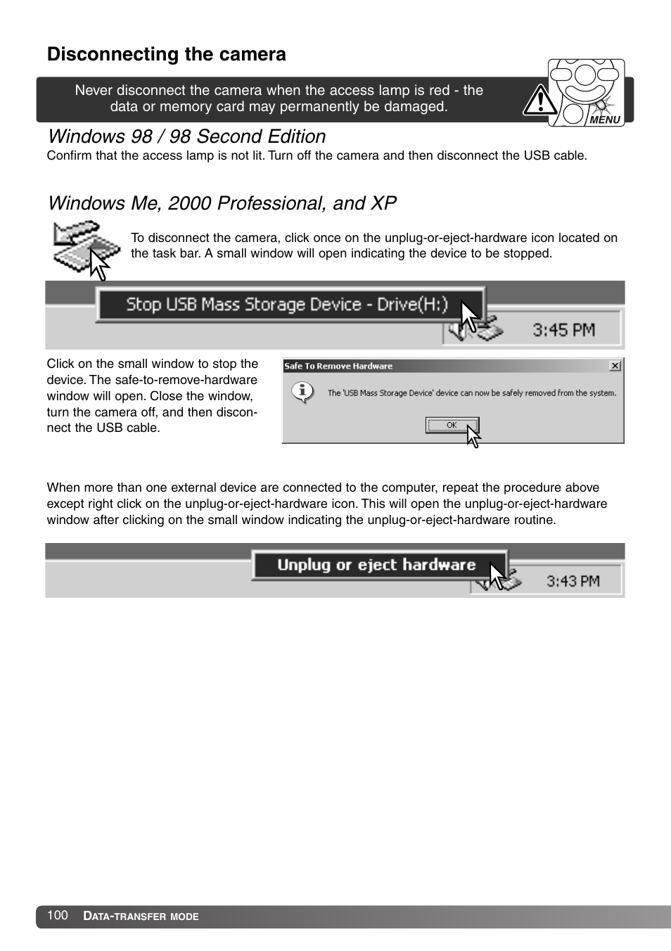 Disconnecting the camera, Windows 98 / 98 second edition | Konica Minolta SY-A308 User Manual | Page 100 / 116