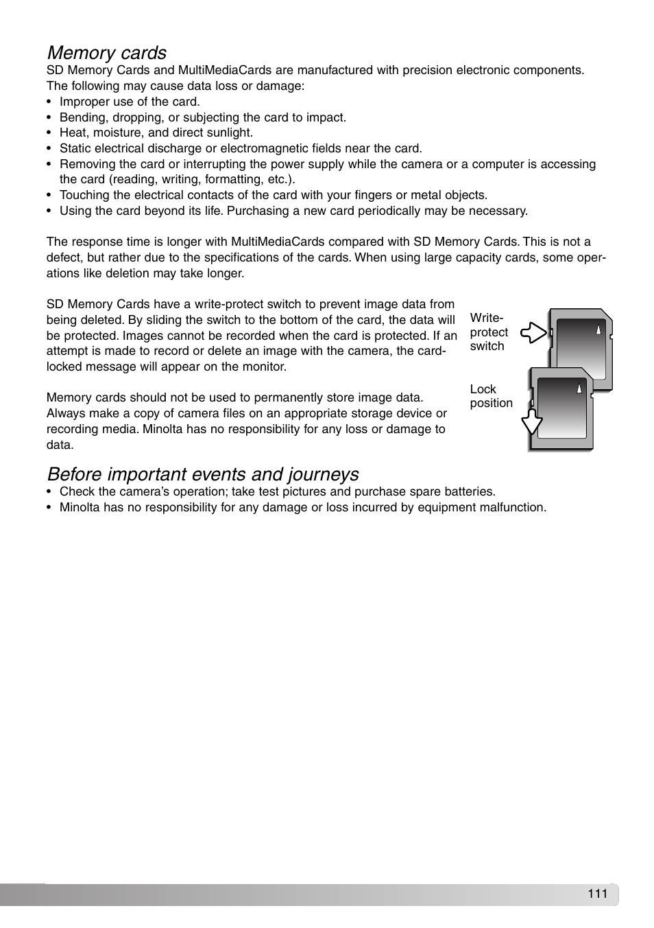 Memory cards before important events and journeys, Before important events and journeys | Konica Minolta SY-A308 User Manual | Page 111 / 116