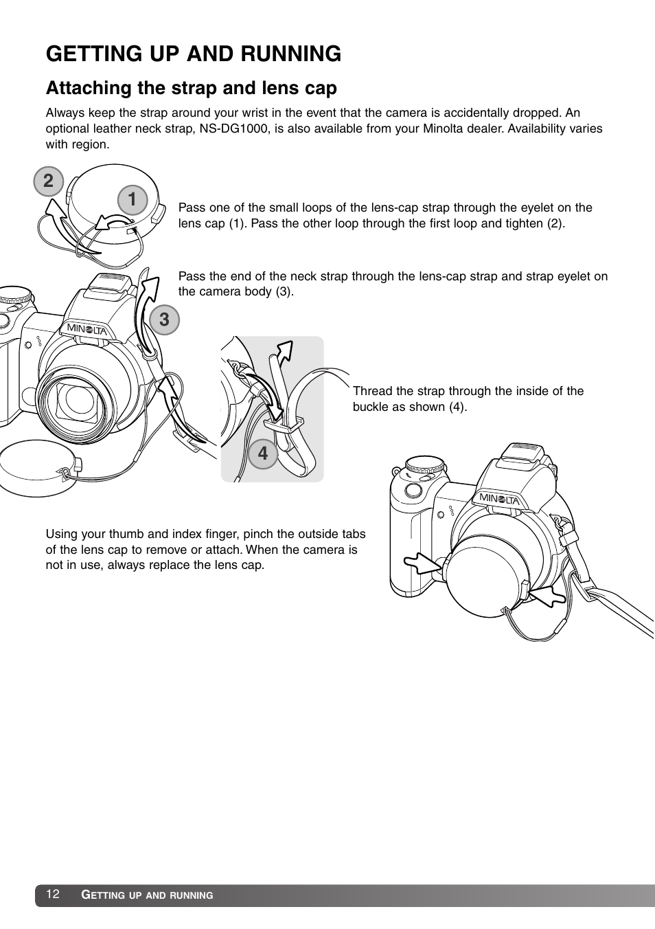 Getting up and running, Attaching the strap and lens cap | Konica Minolta SY-A308 User Manual | Page 12 / 116