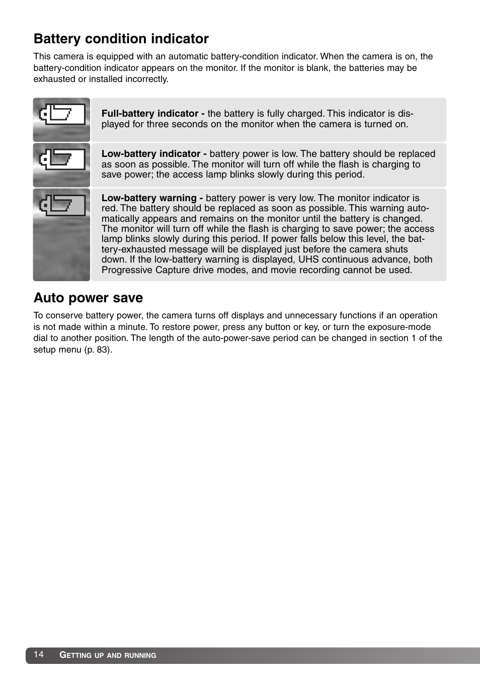 Battery condition indicator auto power save, Battery condition indicator, Auto power save | Konica Minolta SY-A308 User Manual | Page 14 / 116
