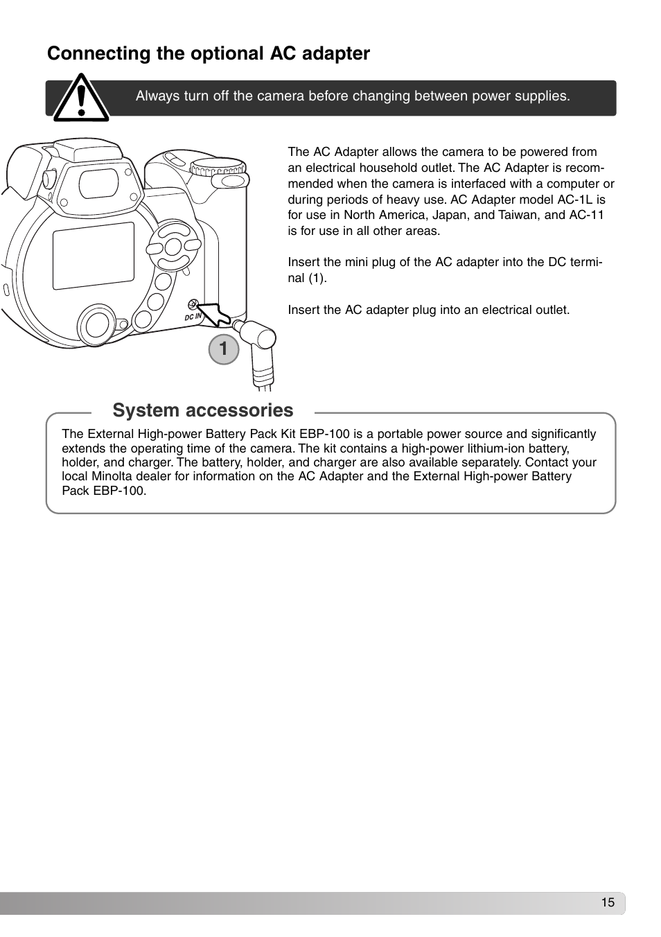 Connecting the optional ac adapter, System accessories 1 | Konica Minolta SY-A308 User Manual | Page 15 / 116