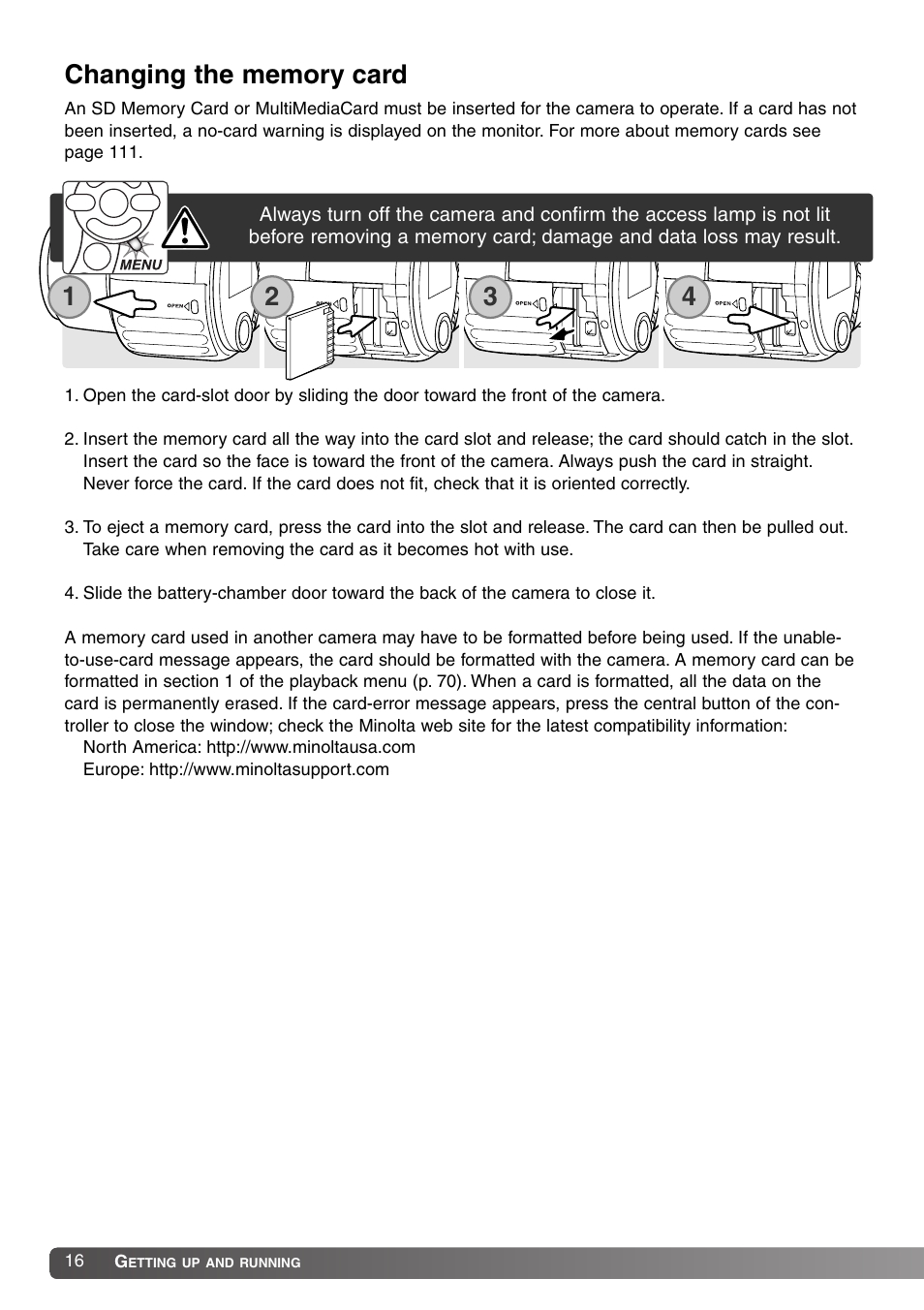 Changing the memory card | Konica Minolta SY-A308 User Manual | Page 16 / 116