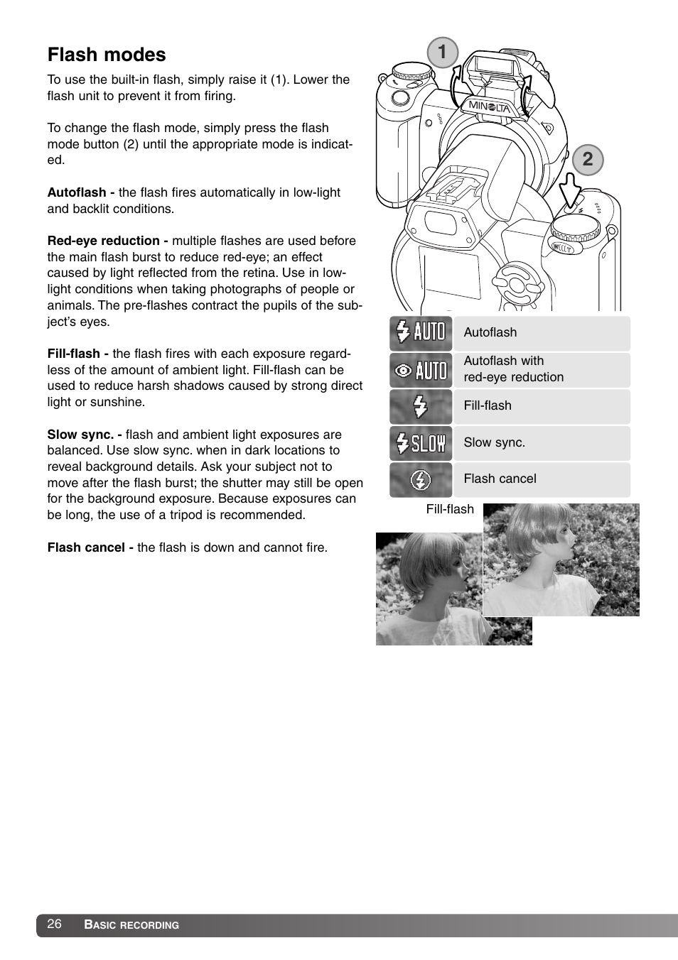 Flash modes | Konica Minolta SY-A308 User Manual | Page 26 / 116