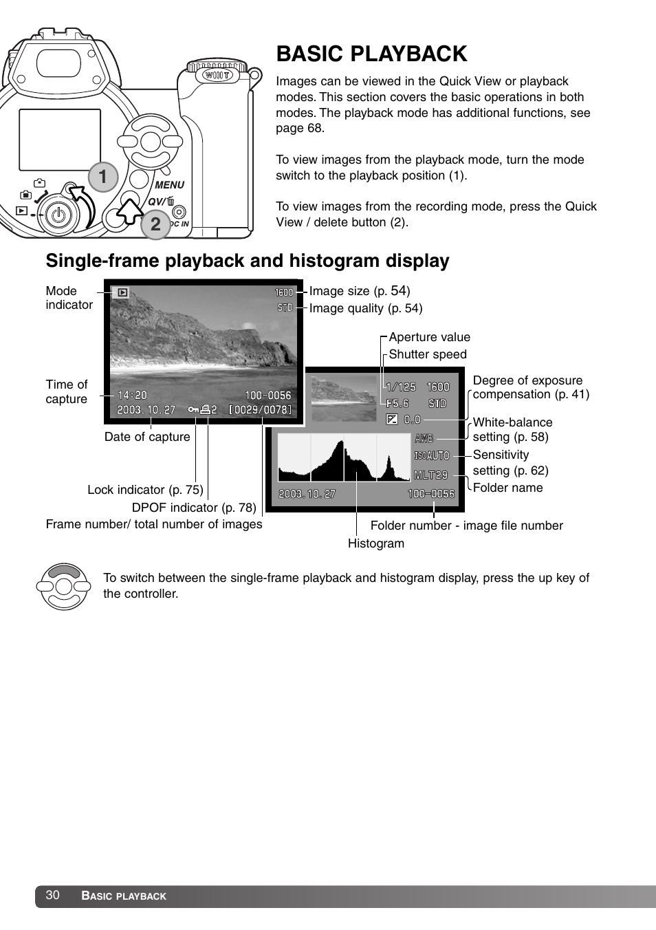 Basic playback, Single-frame playback and histogram display | Konica Minolta SY-A308 User Manual | Page 30 / 116