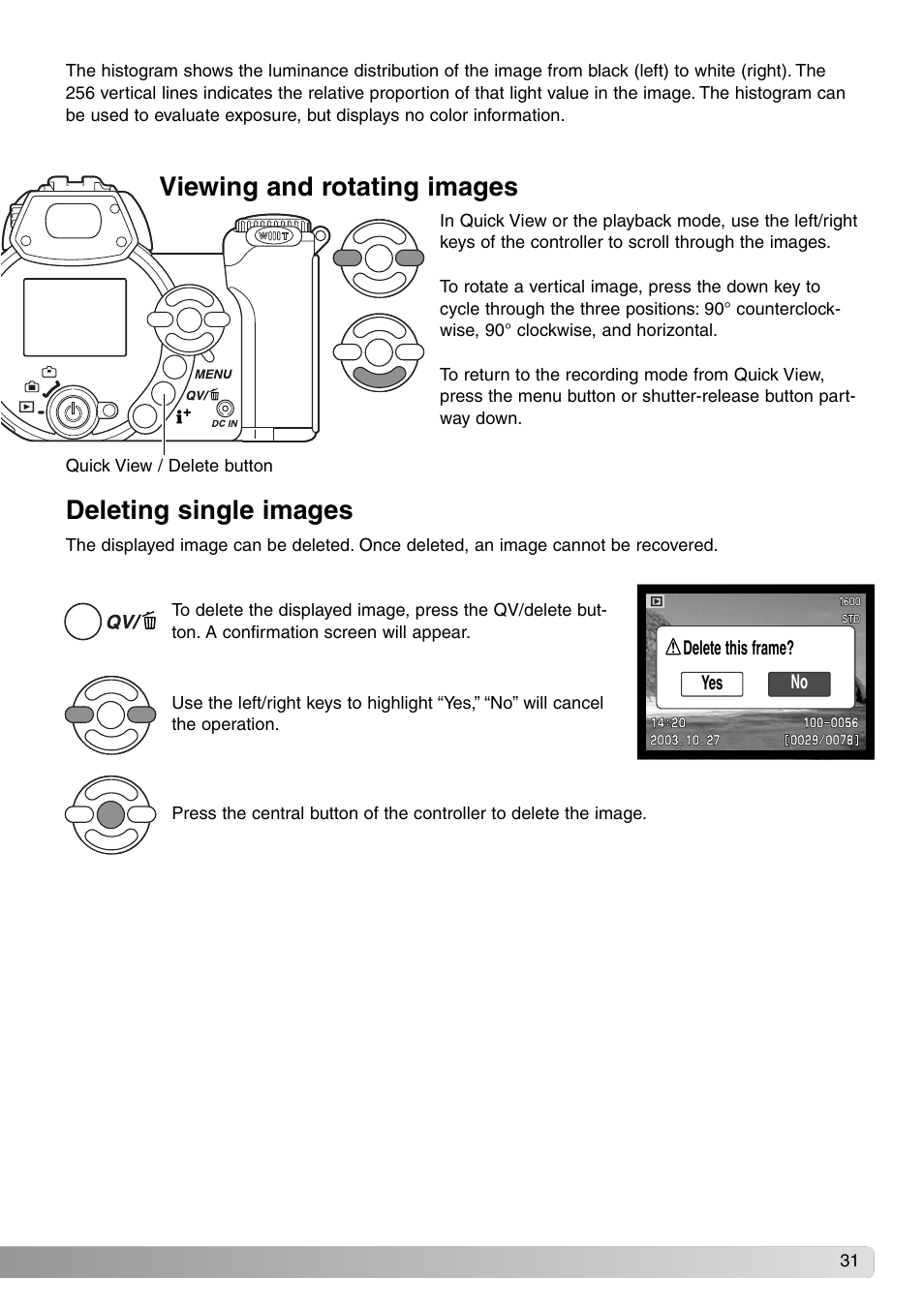 Viewing and rotating images deleting single images | Konica Minolta SY-A308 User Manual | Page 31 / 116