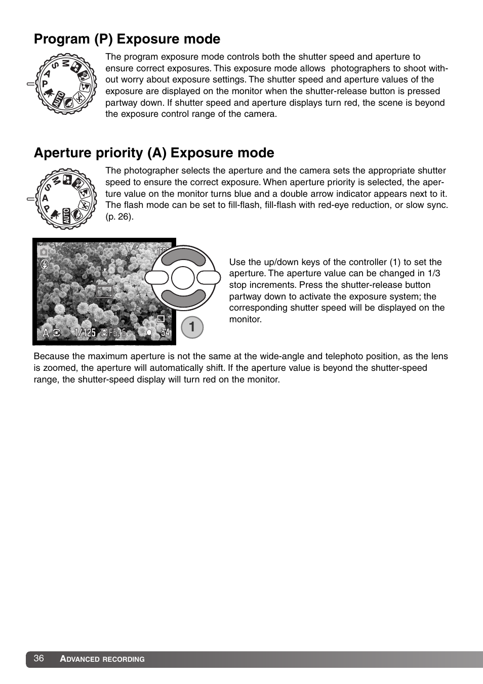 Program (p) exposure mode, Aperture priority (a) exposure mode 1 | Konica Minolta SY-A308 User Manual | Page 36 / 116