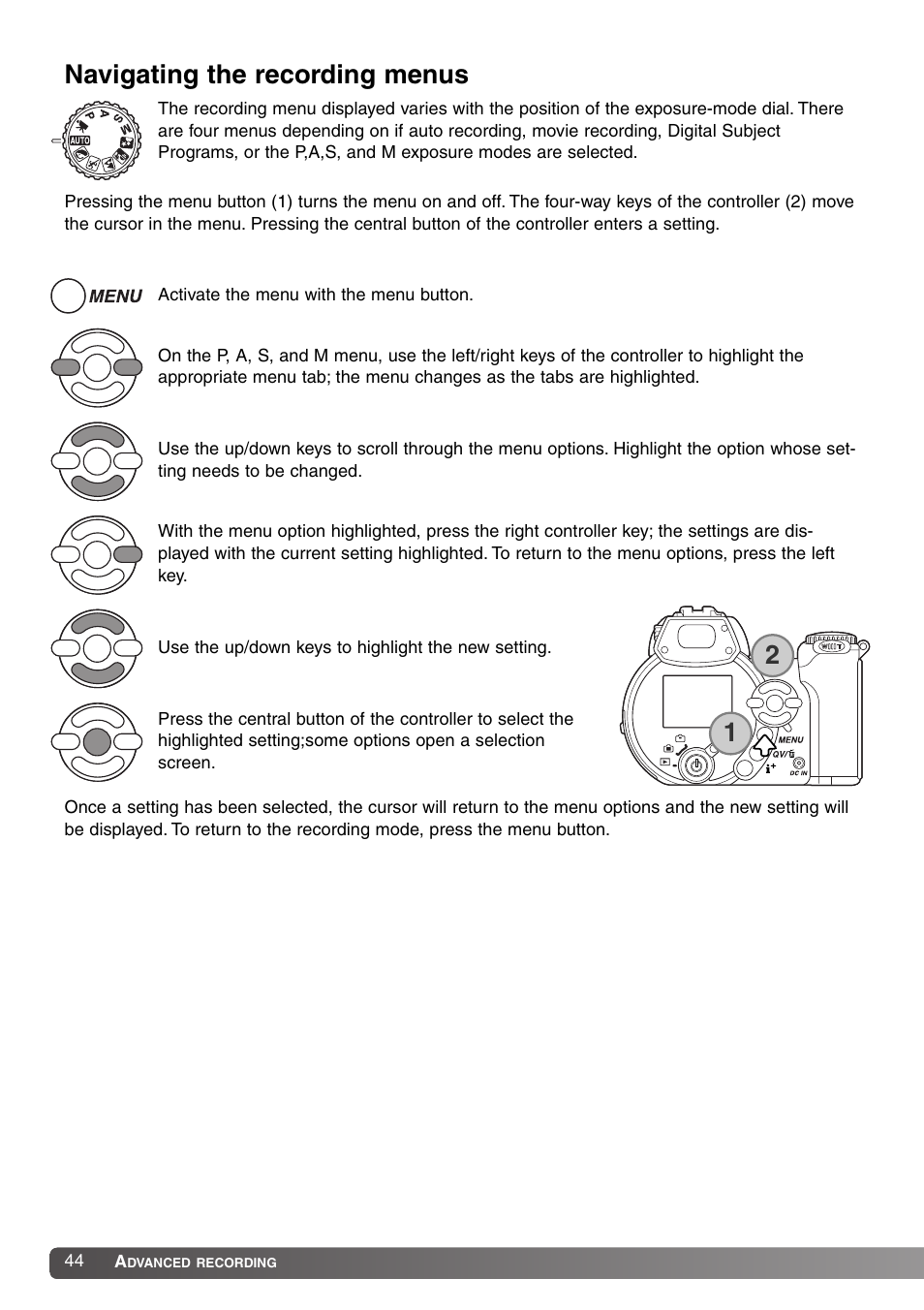 Navigating the recording menus | Konica Minolta SY-A308 User Manual | Page 44 / 116