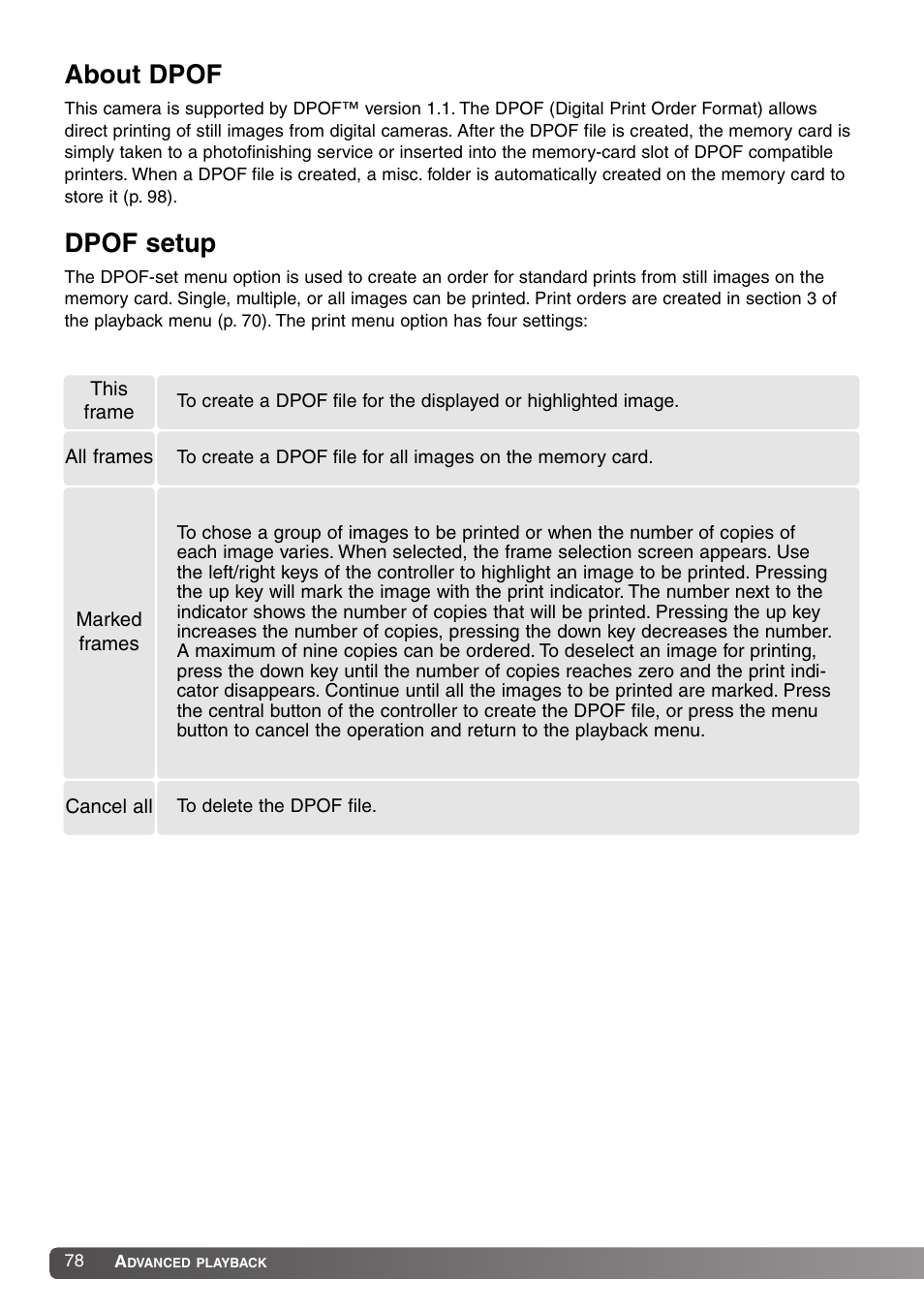 About dpof dpof setup, About dpof, Dpof setup | Konica Minolta SY-A308 User Manual | Page 78 / 116