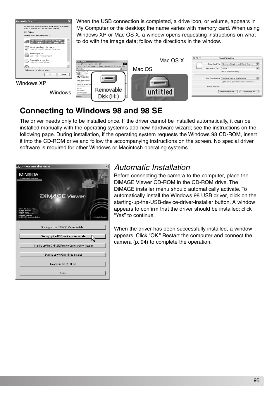Connecting to windows 98 and 98se, Automatic installation, Connecting to windows 98 and 98 se | Konica Minolta SY-A308 User Manual | Page 95 / 116