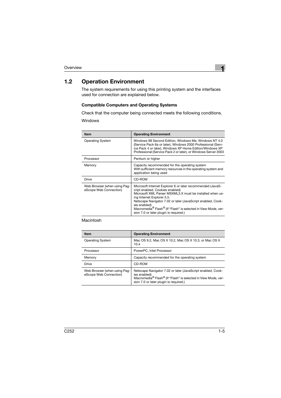 2 operation environment, Compatible computers and operating systems, Operation environment -5 | Compatible computers and operating systems -5 | Konica Minolta BIZHUB C252 User Manual | Page 18 / 96