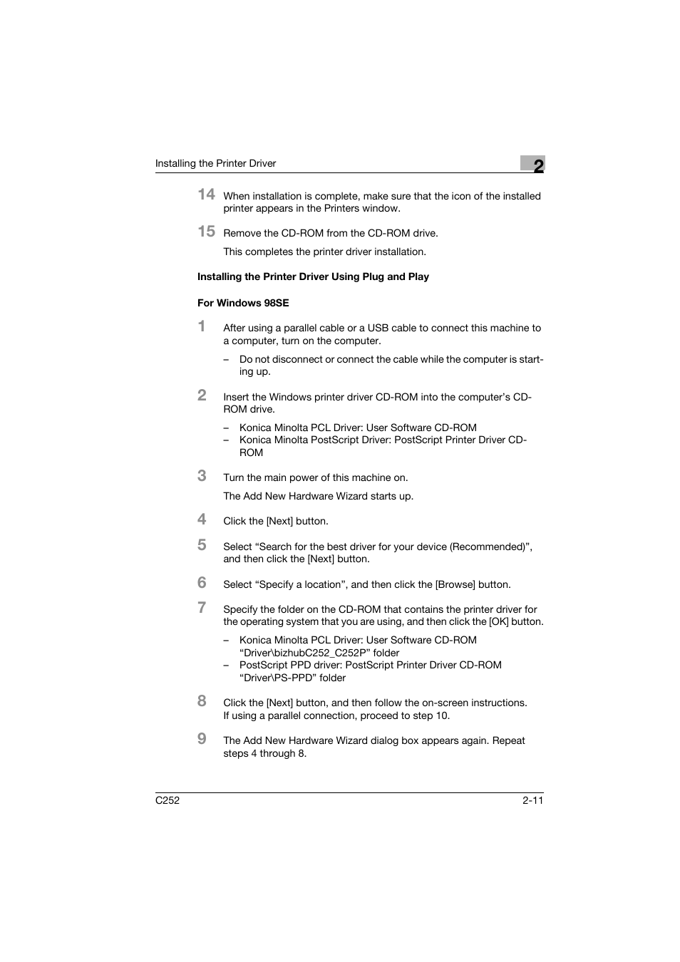 Installing the printer driver using plug and play, For windows 98se | Konica Minolta BIZHUB C252 User Manual | Page 34 / 96