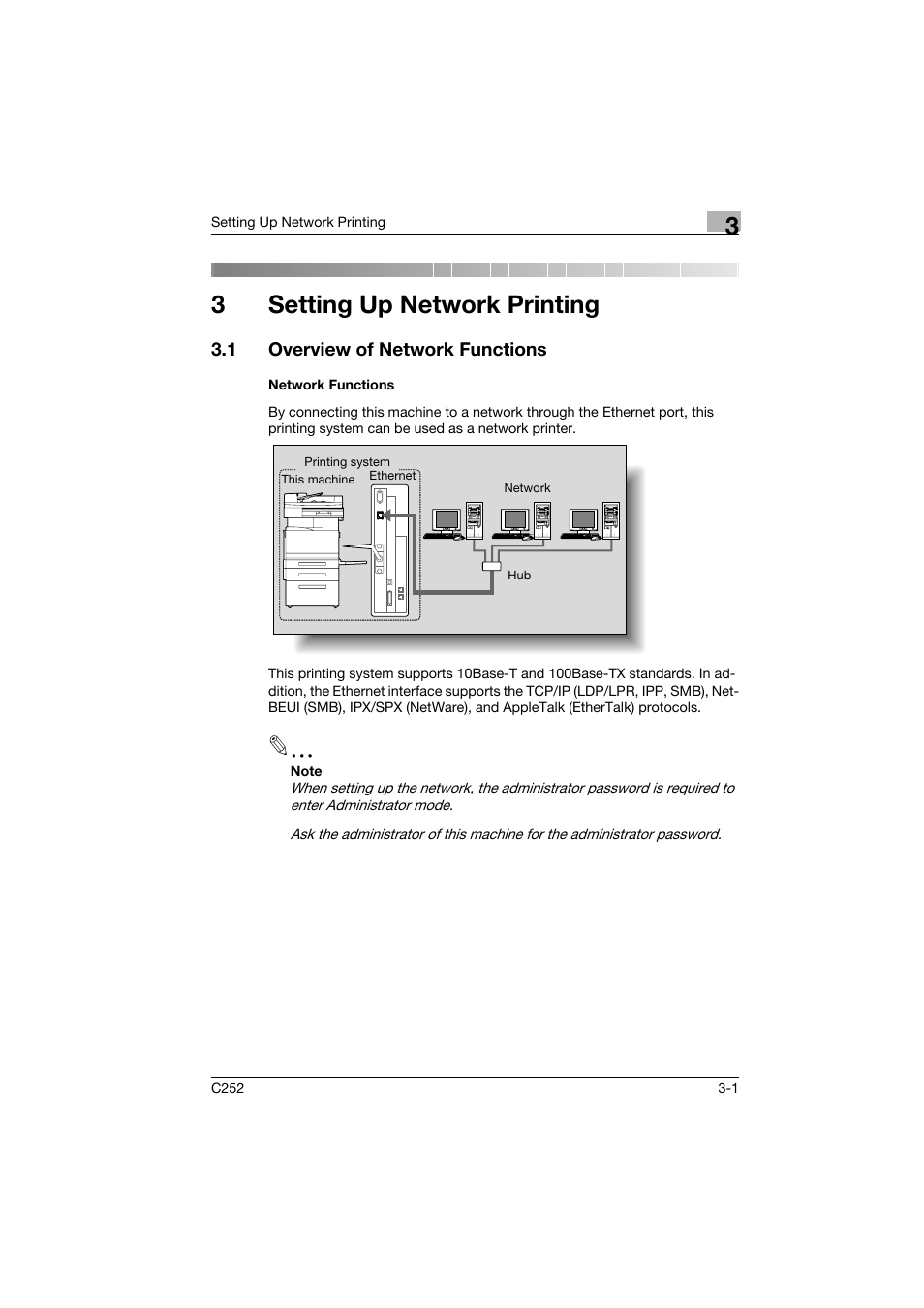 3 setting up network printing, 1 overview of network functions, Network functions | Setting up network printing, Overview of network functions -1, Network functions -1, 3setting up network printing | Konica Minolta BIZHUB C252 User Manual | Page 48 / 96