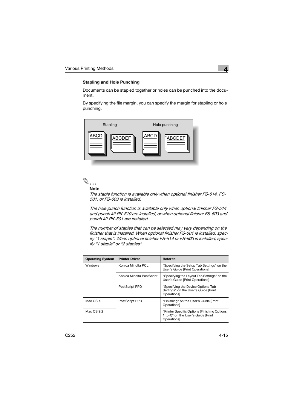 Stapling and hole punching, Stapling and hole punching -15 | Konica Minolta BIZHUB C252 User Manual | Page 68 / 96