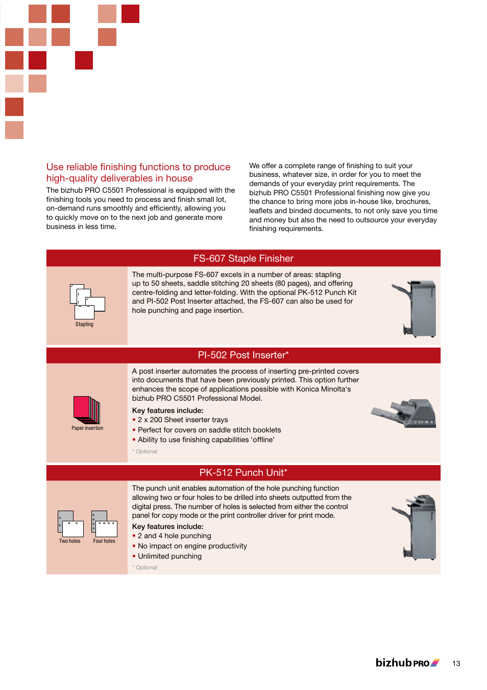 Fs-607 staple finisher, Pi-502 post inserter, Pk-512 punch unit | Konica Minolta BIZHUB PRO C5501 User Manual | Page 13 / 16