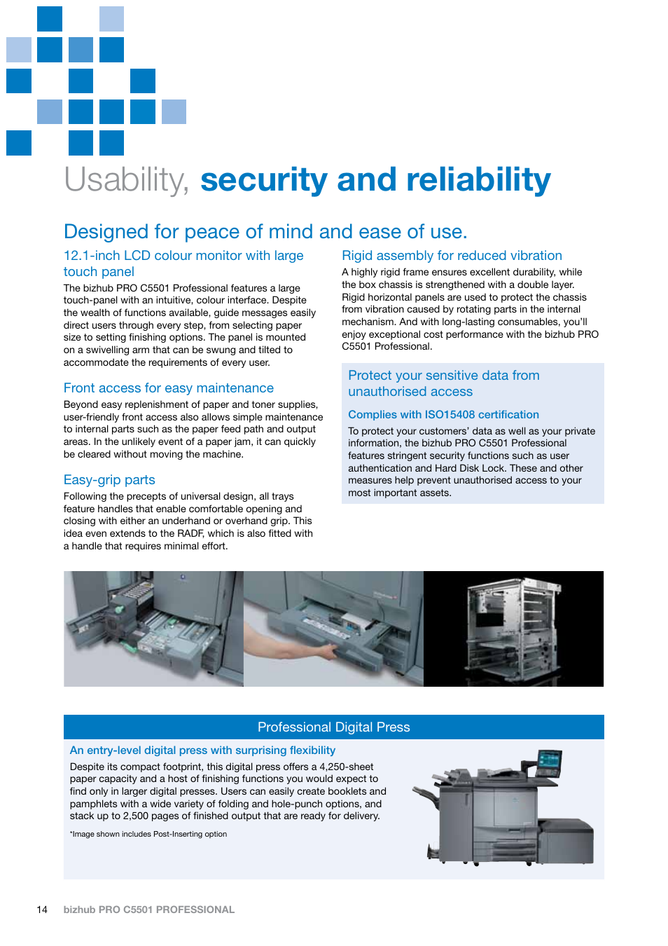 Usability, security and reliability, Designed for peace of mind and ease of use | Konica Minolta BIZHUB PRO C5501 User Manual | Page 14 / 16