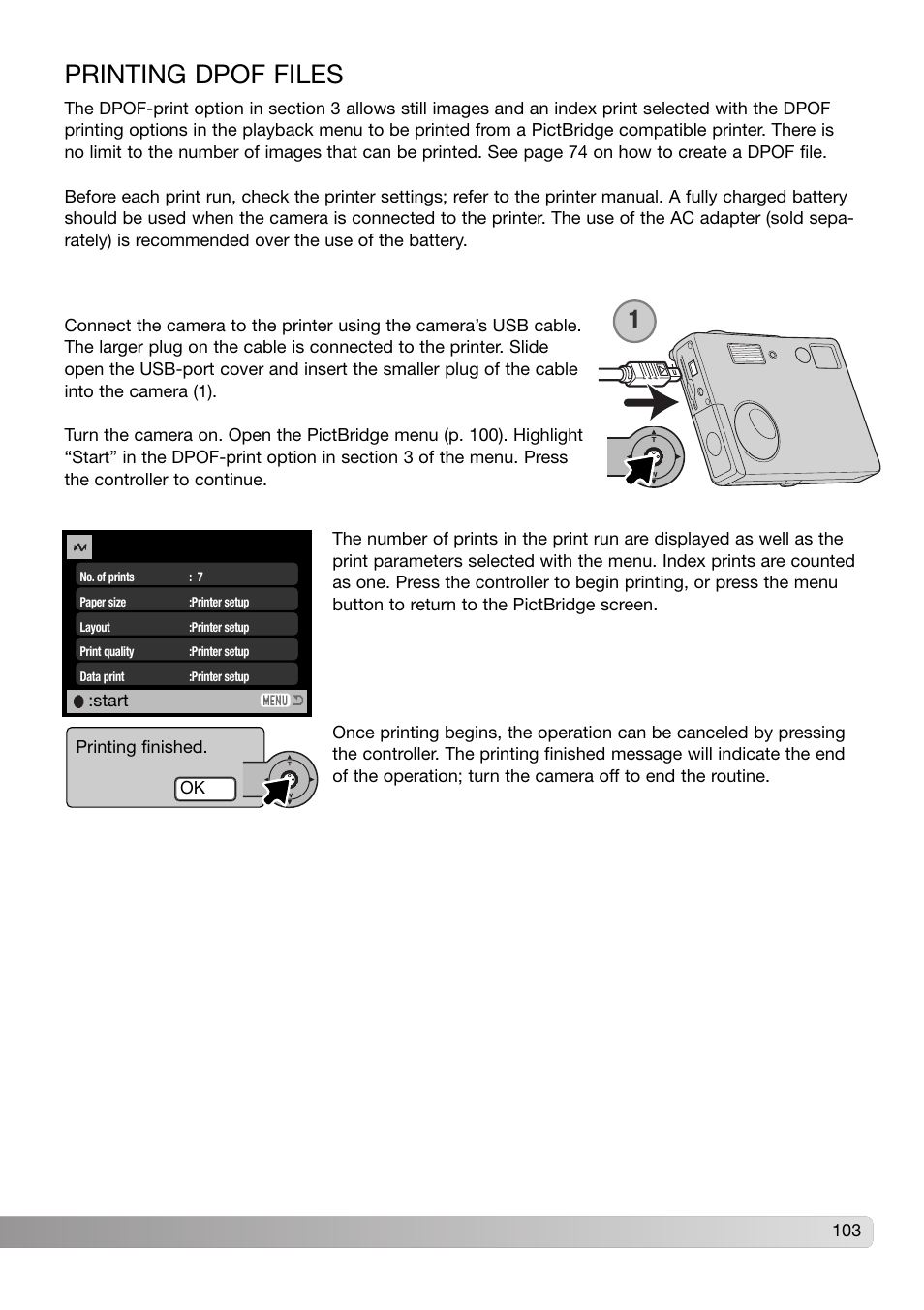 Printing dpof files | Konica Minolta DiMAGE X31 User Manual | Page 103 / 112