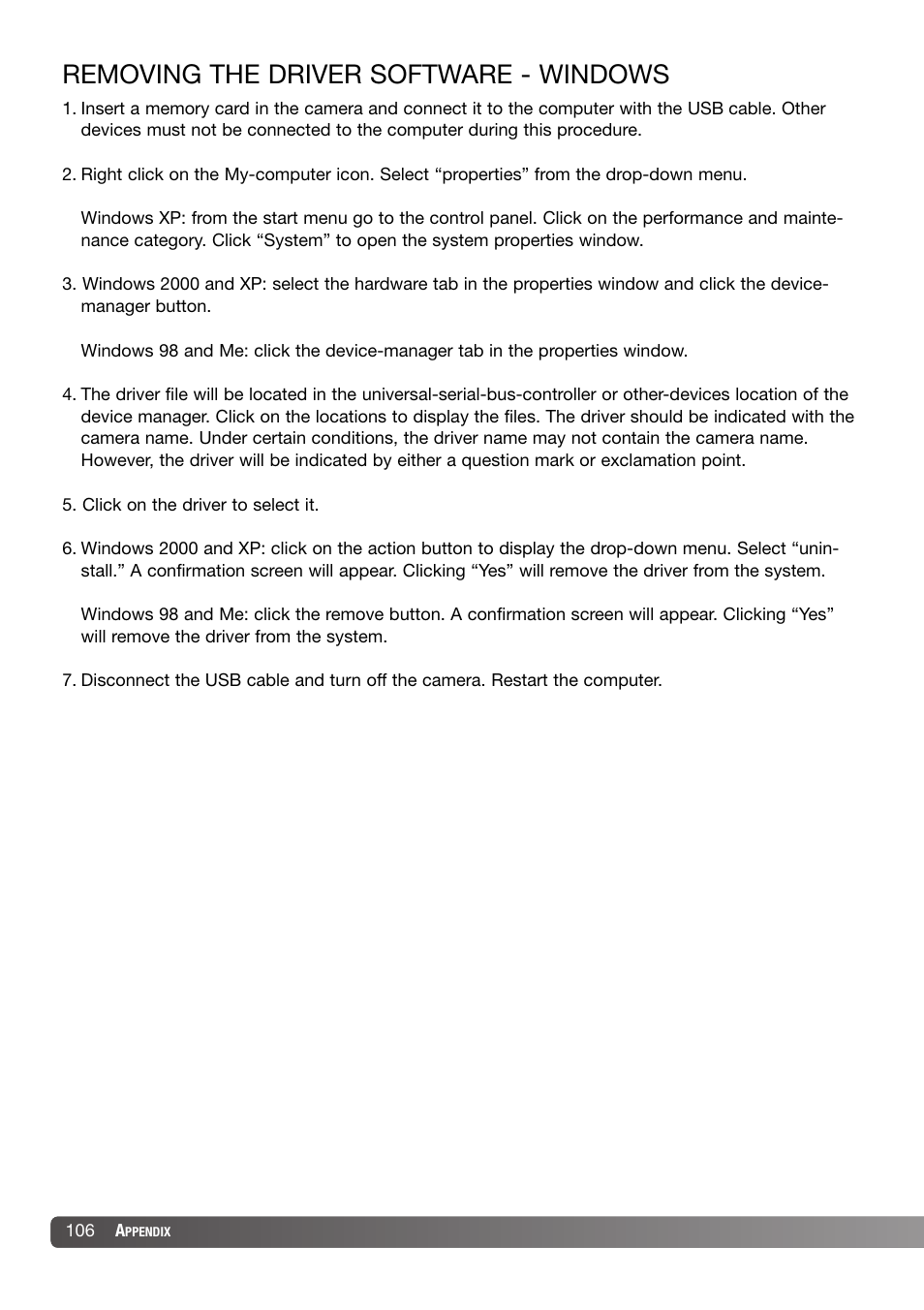 Removing the driver software - windows | Konica Minolta DiMAGE X31 User Manual | Page 106 / 112