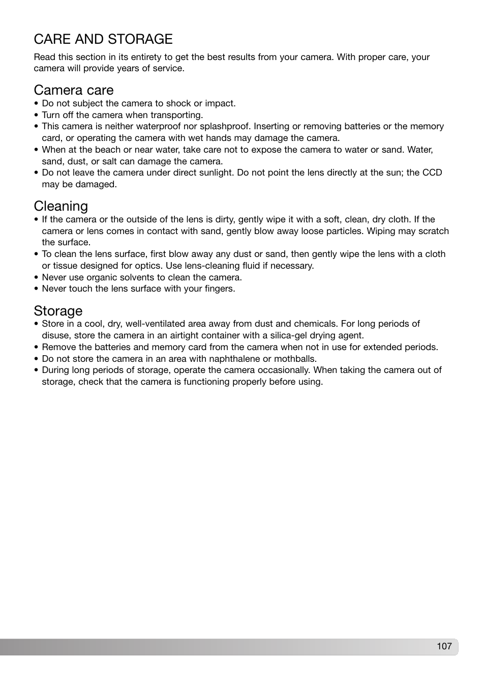 Care and storage, Camera care, Cleaning | Storage | Konica Minolta DiMAGE X31 User Manual | Page 107 / 112
