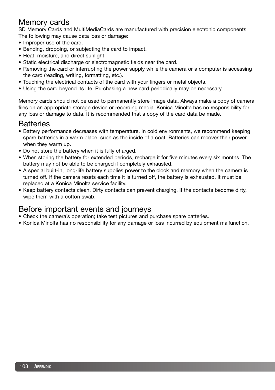 Batteries, Before important events and journeys | Konica Minolta DiMAGE X31 User Manual | Page 108 / 112