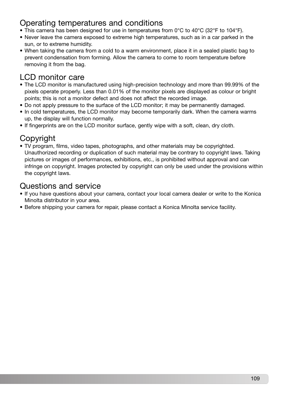 Operating temperatures and conditions, Lcd monitor care, Copyright | Questions and service | Konica Minolta DiMAGE X31 User Manual | Page 109 / 112