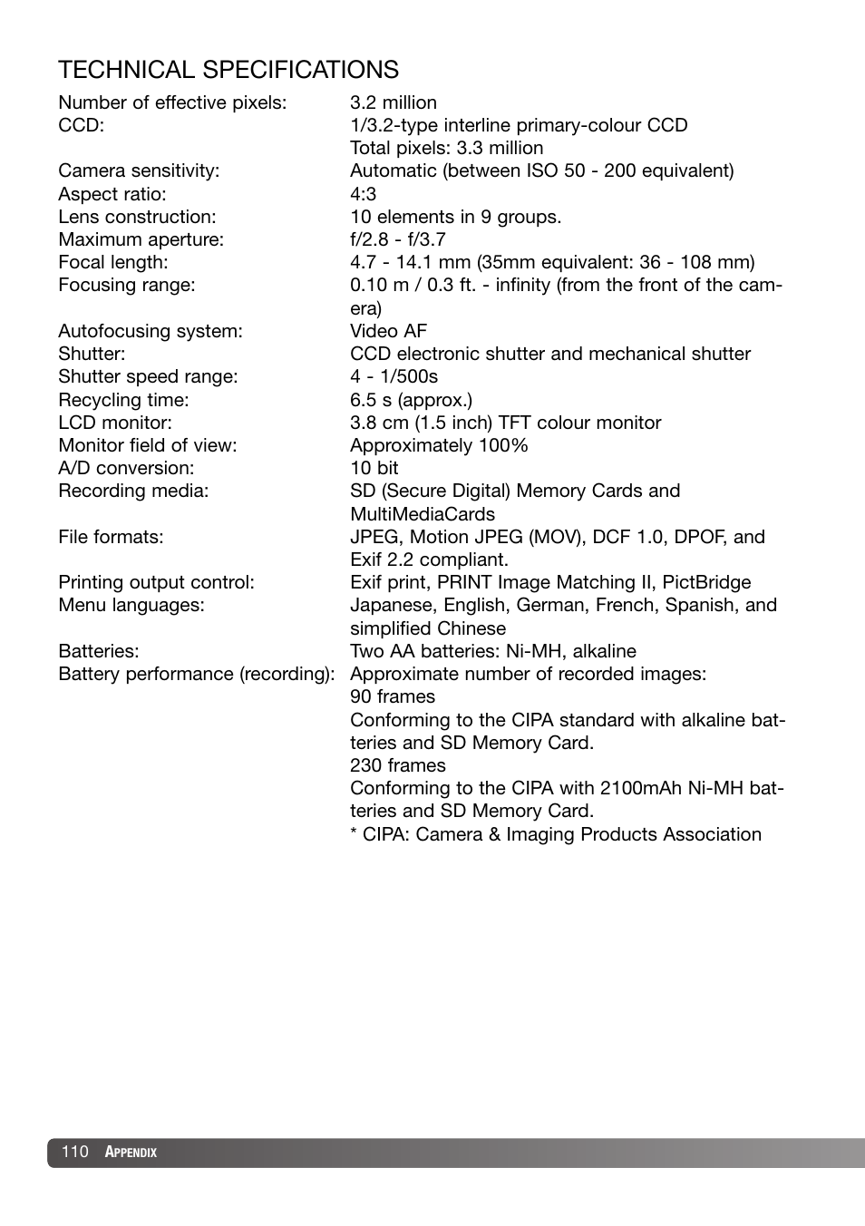 Technical specifications | Konica Minolta DiMAGE X31 User Manual | Page 110 / 112
