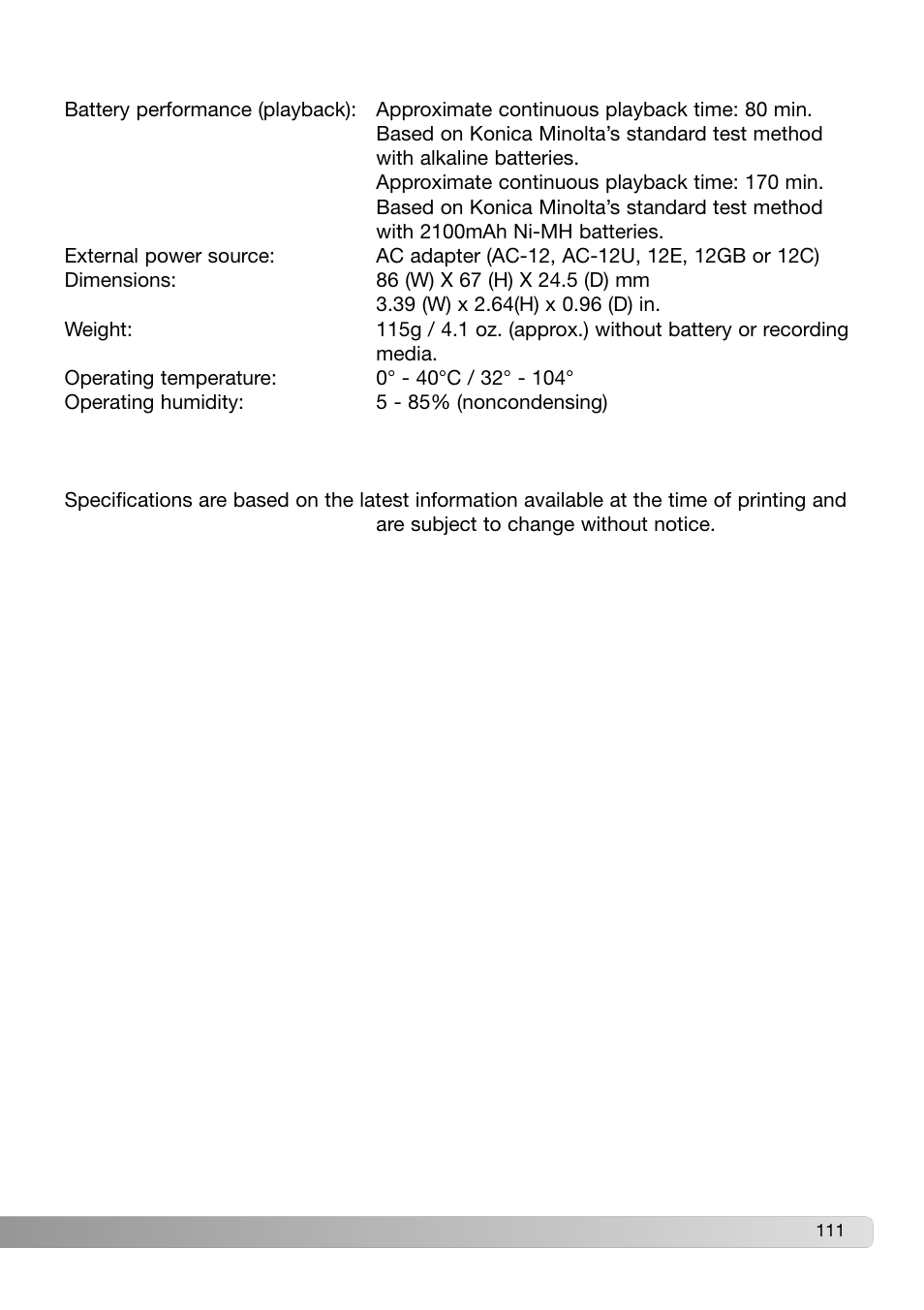 Konica Minolta DiMAGE X31 User Manual | Page 111 / 112