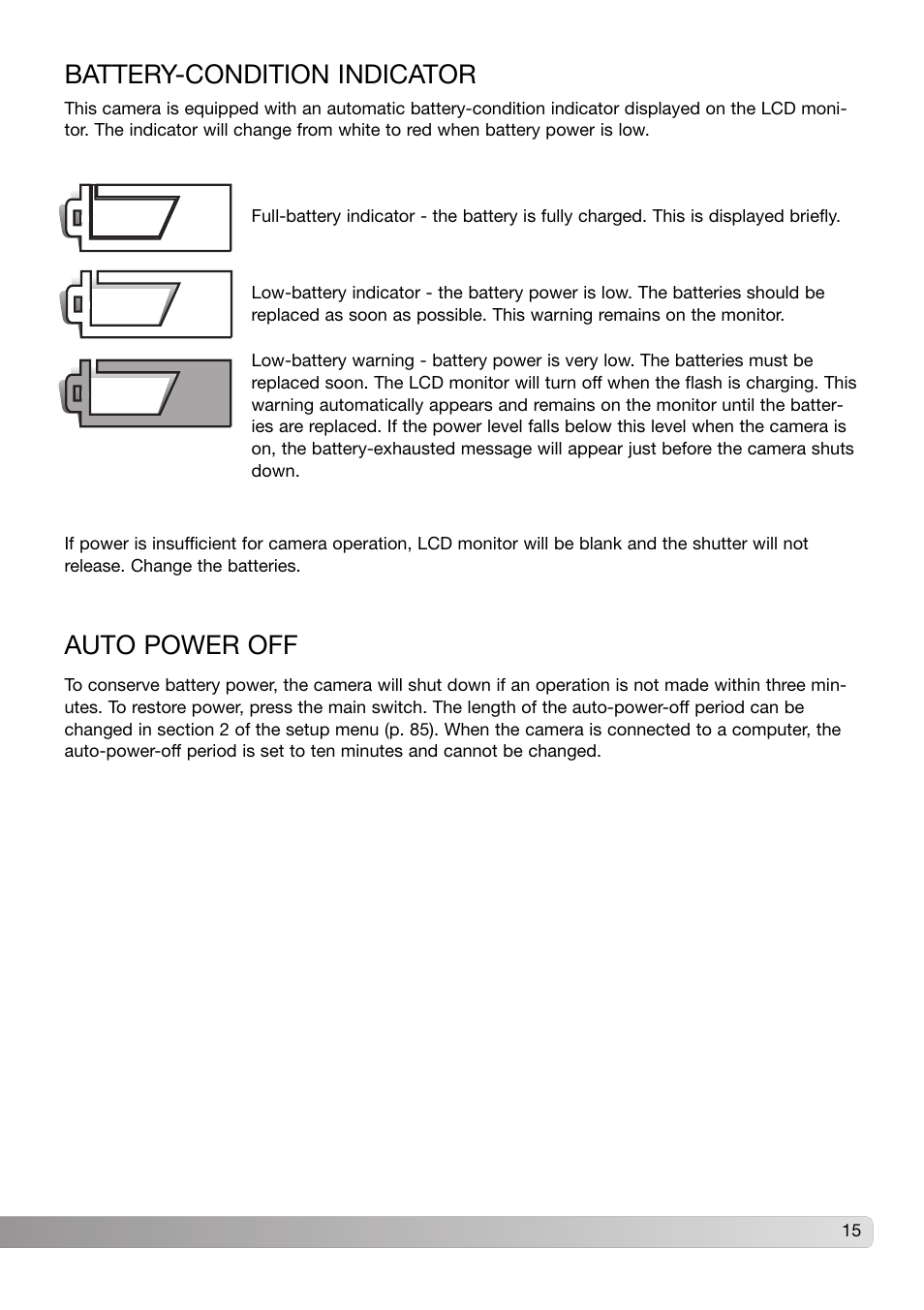Battery-condition indicator auto power off, Battery-condition indicator, Auto power off | Konica Minolta DiMAGE X31 User Manual | Page 15 / 112