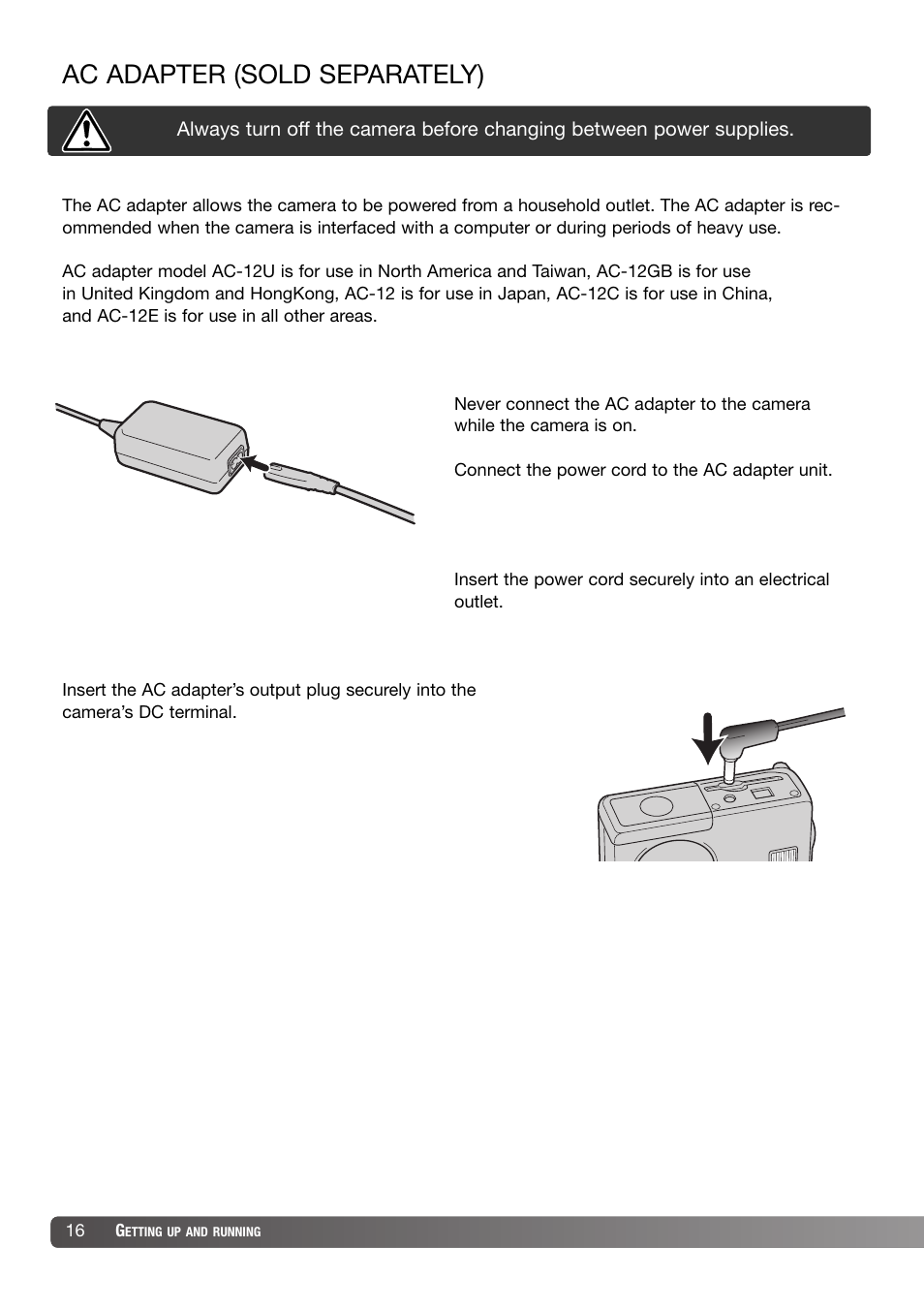 Ac adapter (sold separately) | Konica Minolta DiMAGE X31 User Manual | Page 16 / 112