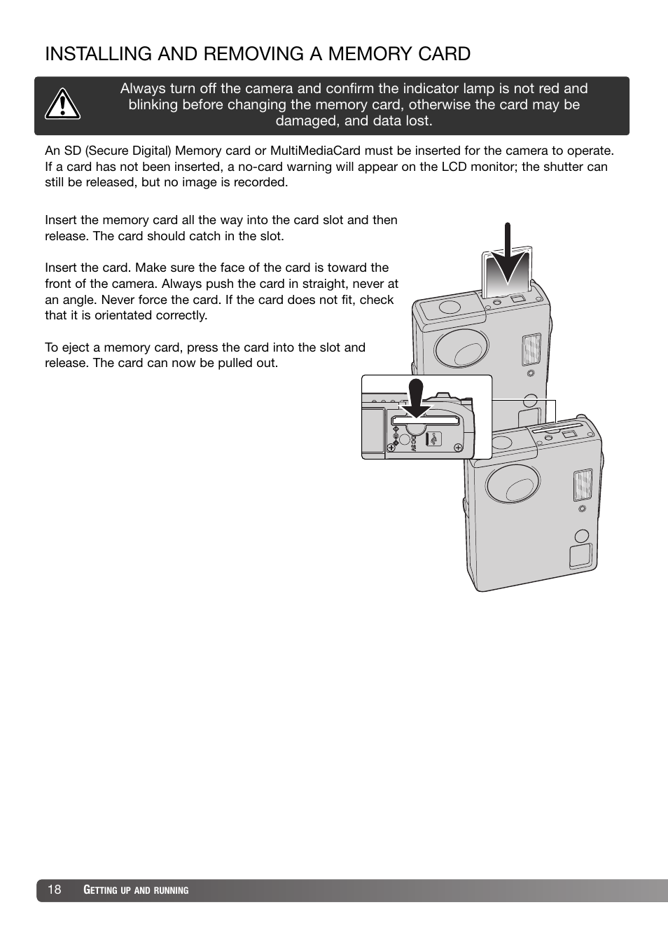 Installing and removing a memory card | Konica Minolta DiMAGE X31 User Manual | Page 18 / 112