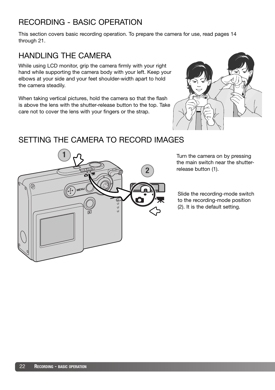 Recording - basic operation, Handling the camera, Setting the camera to record images | Konica Minolta DiMAGE X31 User Manual | Page 22 / 112