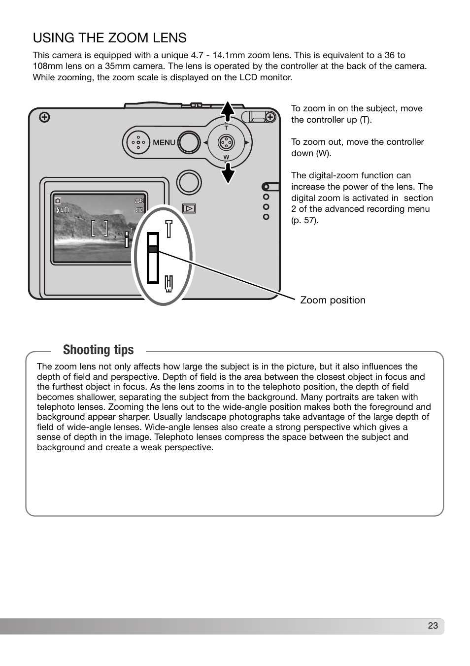Using the zoom lens, Shooting tips | Konica Minolta DiMAGE X31 User Manual | Page 23 / 112