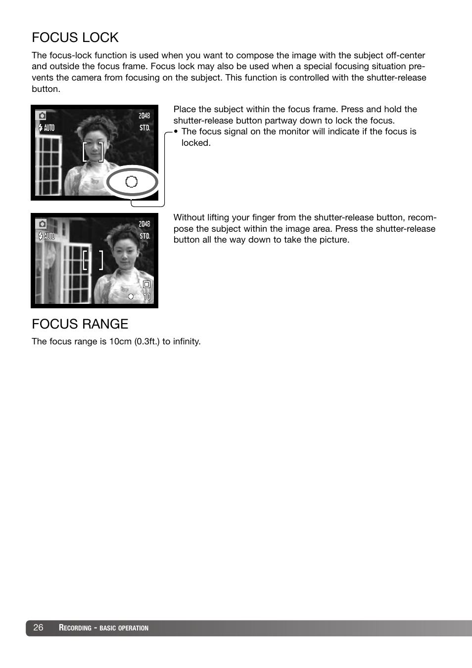 Focus lock focus range, Focus lock, Focus range | Konica Minolta DiMAGE X31 User Manual | Page 26 / 112