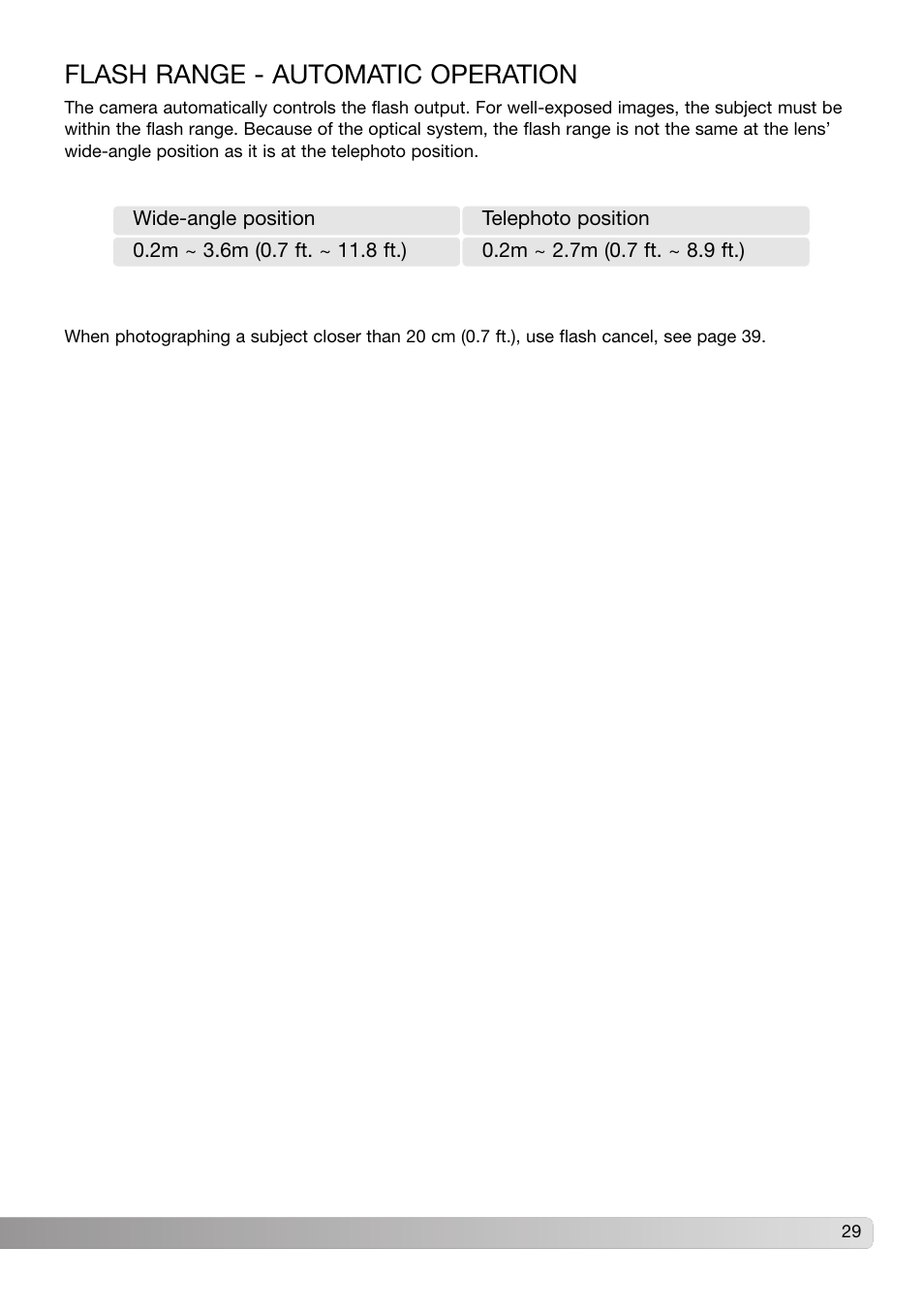 Flash range - automatic operation | Konica Minolta DiMAGE X31 User Manual | Page 29 / 112
