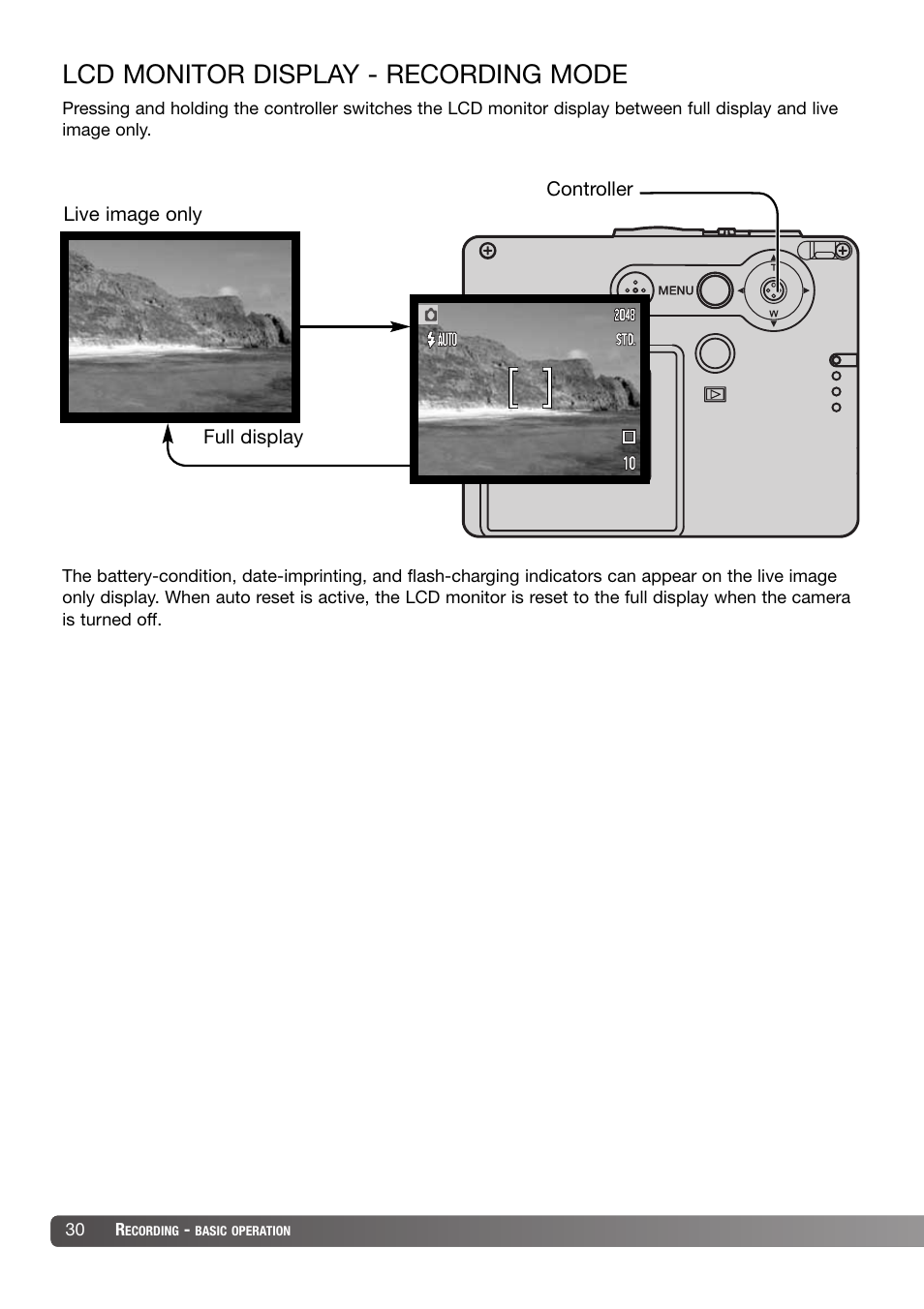 Lcd monitor display - recording mode | Konica Minolta DiMAGE X31 User Manual | Page 30 / 112