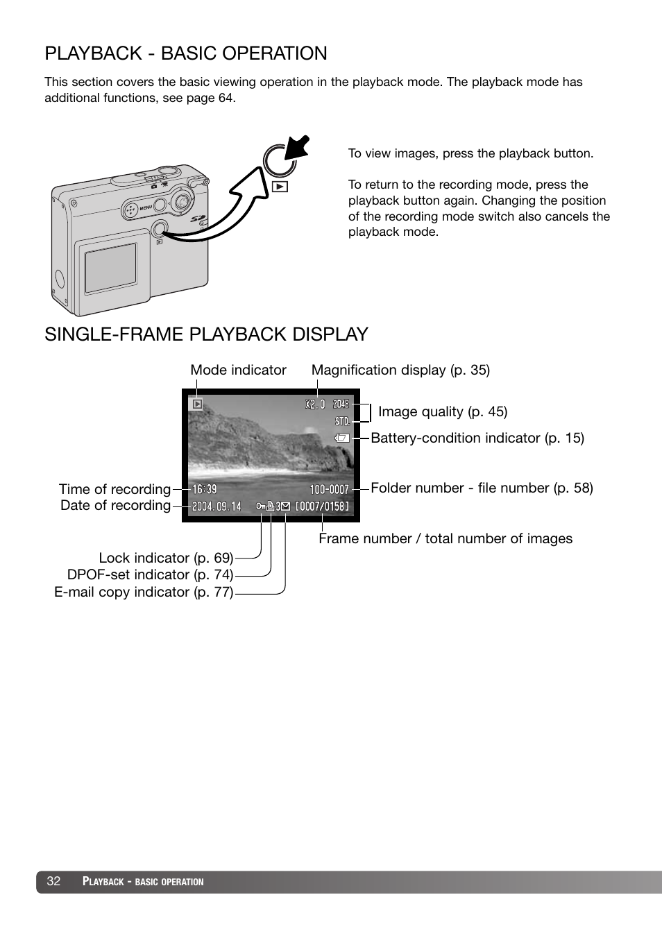 Playback - basic operation, Single-frame playback display | Konica Minolta DiMAGE X31 User Manual | Page 32 / 112