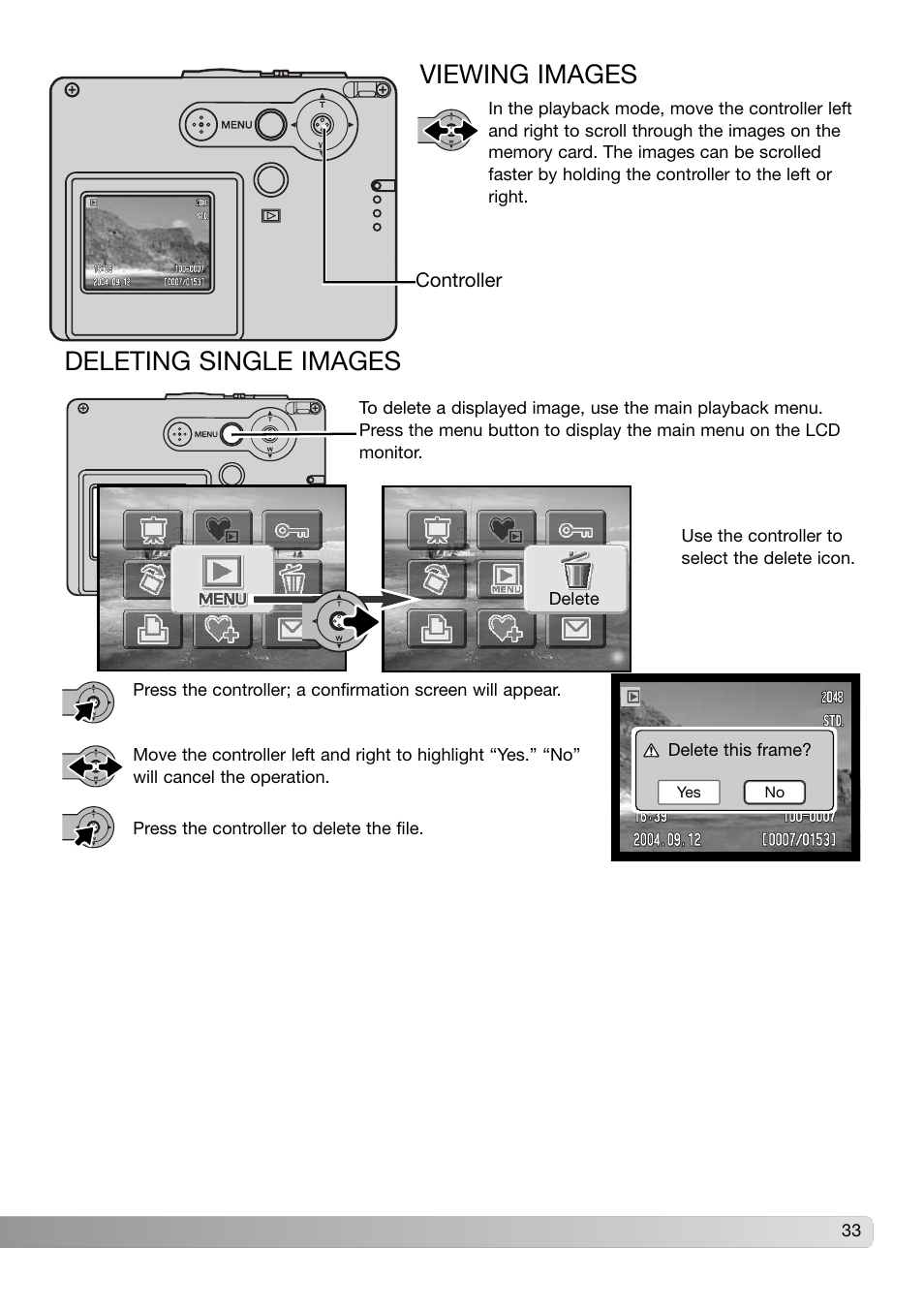 Viewing images deleting single images, Deleting single images viewing images | Konica Minolta DiMAGE X31 User Manual | Page 33 / 112