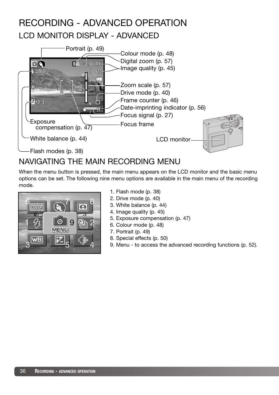 Recording - advanced operation, Lcd monitor display - advanced, Navigating the main recording menu | Konica Minolta DiMAGE X31 User Manual | Page 36 / 112