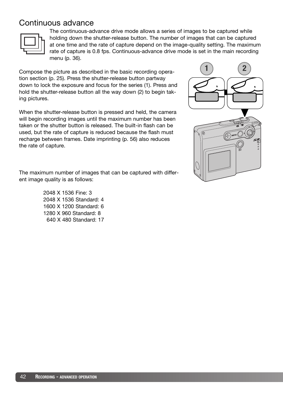 Continuous advance, Continuous advance 1 2 | Konica Minolta DiMAGE X31 User Manual | Page 42 / 112